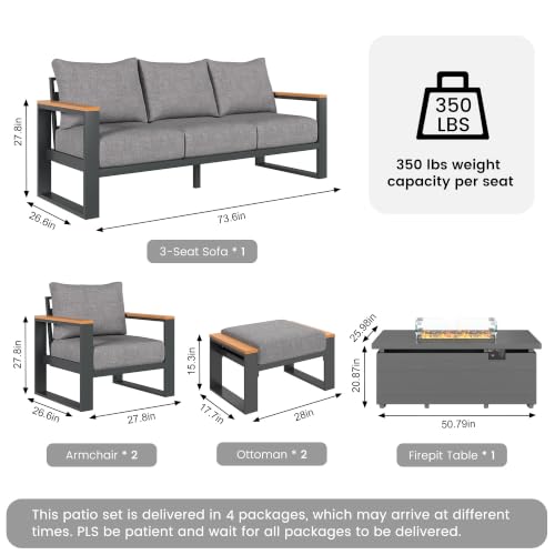 Image of Sundale Outdoor Aluminum Patio Furniture Set, 6 Piece Outdoor Conversation Sets with Fire Pit and 6 inch Thick Olefin Cushions, All Weather Outdoor Sectional Set for Deck, Lawn, Yard