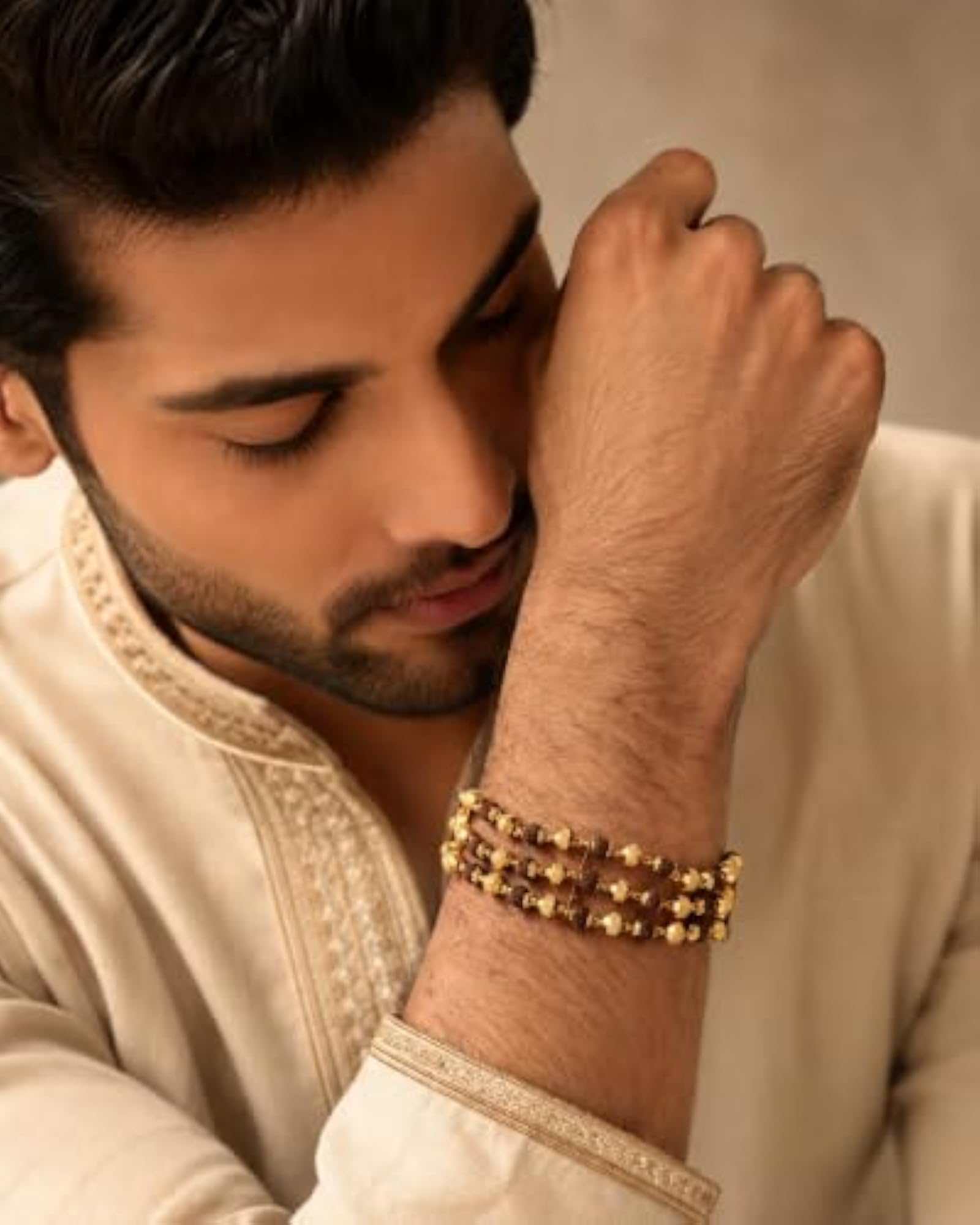 3 Line Gold Plated Rudraksha Bracelet, Brown Fancy Design