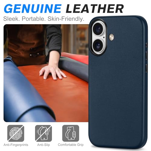 Image of SHIELDON Genuine Leather Case for iPhone 17 6.3 inch 2025, Navy Blue | for MagSafe, Magnetic Wireless Charging, Camera Button, Metal Buttons, Camera Bezel, Non-Slip, Shockproof, Anti-Scratch, Slim