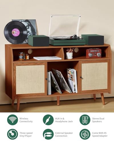 Image of Record Player for Vinyl with External Speakers Belt-Drive Turntables for Vinyls Records Dual Stereo Speakers LP 3 Speed BT Wireless AUX-in Headphone Auto Stop New Sleek Stylish Dark Matte Green
