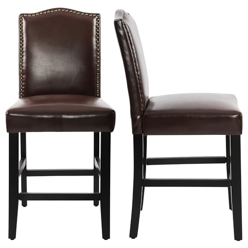LSSPAID Bar Stools Set of 2, 23.5 Inch Upholstered Pu Counter Height Barstools Kitchen Island Chair with Bronze Nail Backrest and Solid Wood Legs, Bar Stool Bar Chairs for Kitchen Pub Home Cafe, Brown