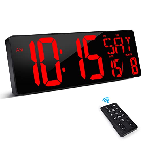 XREXS Horloge Digitale avec Télécommande, 16,5'' LED Horloge Murale Numérique, Reveil Numerique à Luminosité Réglable, Horloge Numérique Murale avec Heure/Date/Température (Rouge)