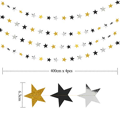 Glitter Gold Black Star Garland Kit For Party Decoration Silver Hanging Twinkle Star String/Banner/Streamers/Backdrop/Background For Classroom/Birthday/Wedding/Graduation/New Year/Dance Recital #TOP1