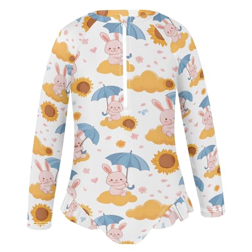 Little Rabbit Umbrella Girls Long Sleeve Swimsuit Rash Guard One Piece Bathing Suits Zipper 3-12T2