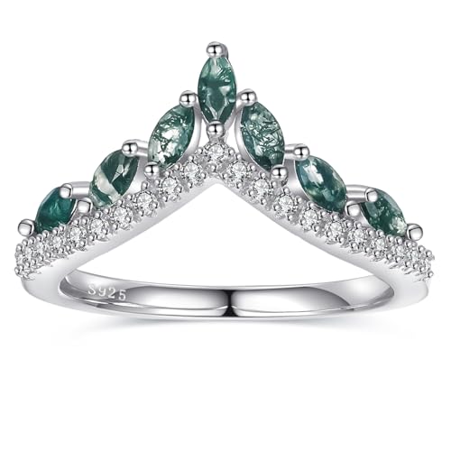 Engagement Rings for Women 925 Sterling Silver Wedding Band Natural Moss Agate/Black Rutilated Quartz Gemstone Rings Promise Ring Size 5-9