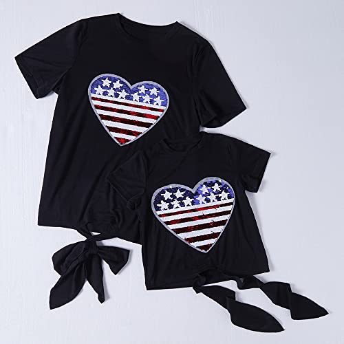 Image of ANATA Mommy and Me Matching Outfits American Flag Sequin Heart T Shirts Bow Tie Knot Short Sleeve Tee Top