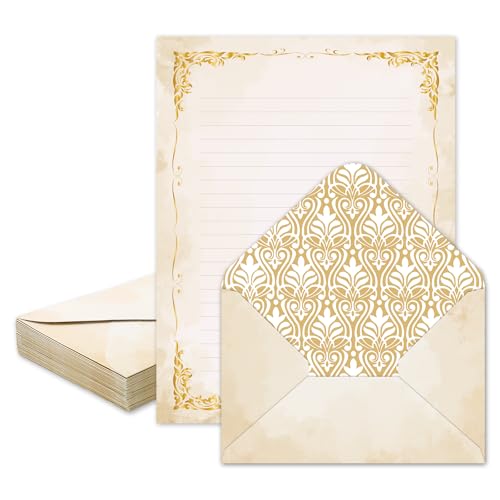 Whaline 60 Vintage Stationery Paper Set Gold Border Letter Writing Paper with Envelopes for Greeting...