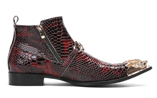 Santimon Men's Red Cowboy Boots - Leather Chelsea Boots for Party, Casual & Rock - Western Ankle Boots with Metal Tip Toe, Bead Accents & Double Zippers2