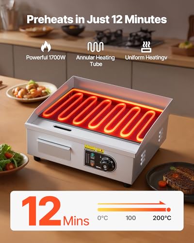 Image of VEVOR Commercial Electric Griddle, 17.72 x 11.81 inch, 1750W, 122-570F Adjustable Temp Control, Stainless Steel Countertop Flat Top Grill with 2 Spatulas, 2 Brushes, and 4 Foot Pads, for Steak