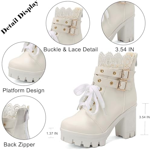 Image of MEOTINA Goth Platform Boots Combat Boots Chunky Heel Ankle Booties for Women Punk Buckle Gothic Boot with Zipper Lace Up Dress Shoes Black /White