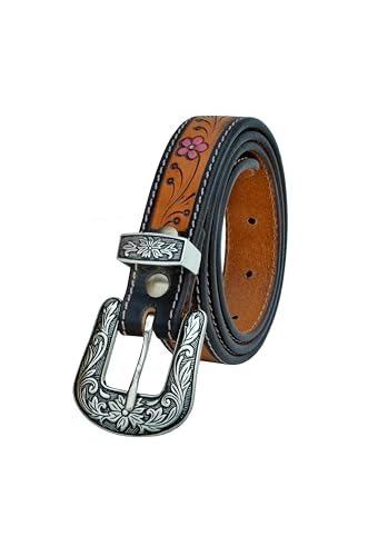Western Tooled Pink Floral Hand Finished Leather Belt For Women, Kids, Girls Belt 40AB0043