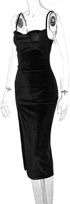 TICBRY Women's Sexy Velvet Spaghetti Straps Drawstring Bodycon Party Club Dress - Image 5
