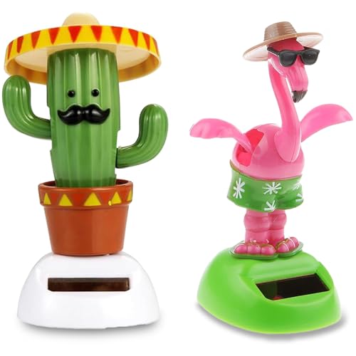 Figurines solaires cactus dansant et flamant rose style hawaïen pour voiture lot de 2