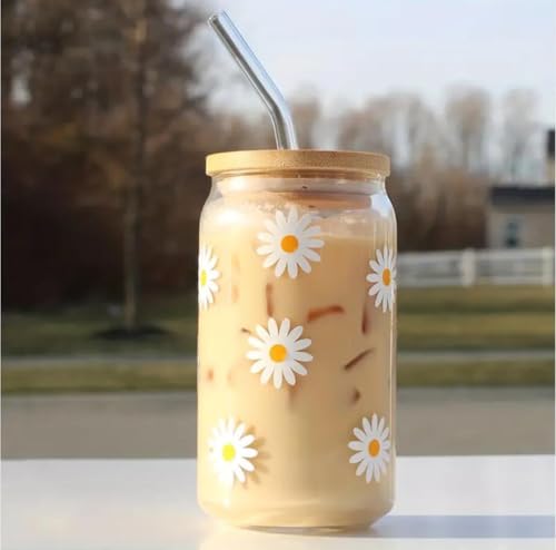 Daisy Cup 16oz Iced Coffee Cup, Lindos Cuencos de Vidrio con Tapas de Bambú y Pajitas Cerveza Lata de Leche Moca Tazas de Desayuno Taza de Desayuno Niñas Mujeres Vacaciones 500 ml