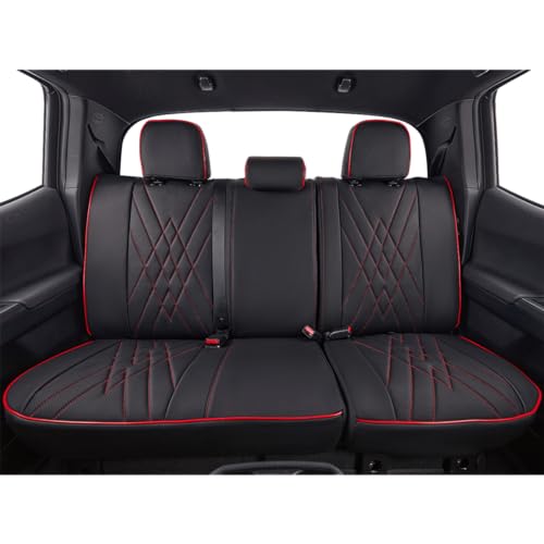 Image of EKR Custom Fit Tacoma Rear Car Seat Covers for Toyota Tacoma 2016 2017 2018 2019 2020 2021 2022 2023 Access Cab - Second Row Only,Faux Leather(Black with Red Trim)