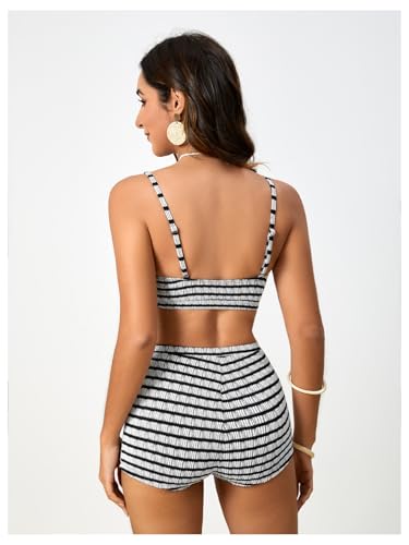 MakeMeChic Women's Striped Bikini Set Twist Front Tummy Control Bathing Suit with Boyshorts2