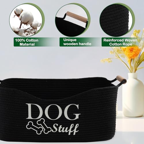 Medium Woven Dog Toy Basket,Dog Stuff Organizer,Collapsible Dog Toy Bin with Wood Handles,Rectangle Puppy Toy Storage Basket,Dog Organizer for Dog Toys,Collar,Leash,Blankets-Black - Image 4