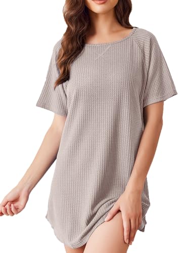 Image of Ekouaer Women's T-Shirt Nightgown Waffle Knit Short Sleeve Sleepshirts Comfy Casual Cover Ups