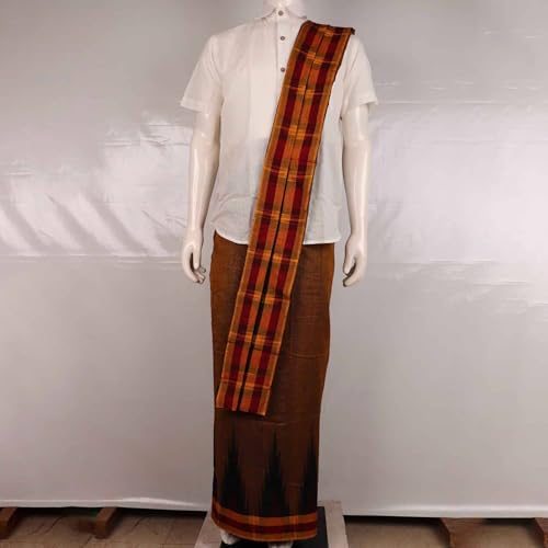 Image of Authentic Sambalpuri Handloom Cotton Unstitched Dhoti with Utari for Men | Traditional Odisha Weave Ikat Dhoti for Festive & Religious Wear