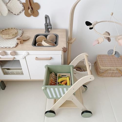 RCGOFOLLOW Wooden Children Shopping Cart Trolley Attractive Play House Toys Kids Shopping Cart Toy Durable Sturdy Creative Imaginative Play Trolley Toy Wooden Lovely House Toddler Kids - Image 6