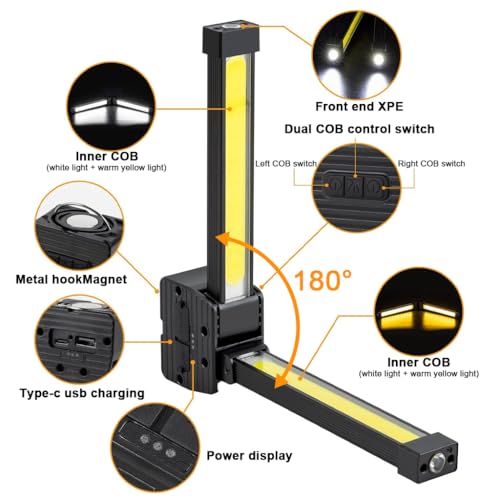 Image of STHIRA Magnetic Folding LED Work Light Bar, 1200mAh USB Rechargeable Portable Repair Light with Red Yellow Warn Light, 4 Lighting Modes & 7 Brightness Levels, Hands-Free Lamp for Garage, Car, Camping