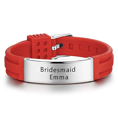 JewelOra Personalized Mens Stainless Steel Bracelets Custom Names Couple Bracelet Adjustable Alert Bracelets (Red-silver)