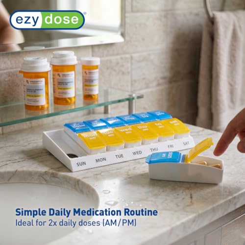 Image of Ezy Dose Weekly (7-Day) AM /PM Pill Organizer, Large Case, Blue /Yellow | Daily Vitamin & Supplement Medicine Box, Spacious Pop-Out Compartments, 2 Times a Day Pill Holder, Travel-Friendly, BPA-Free
