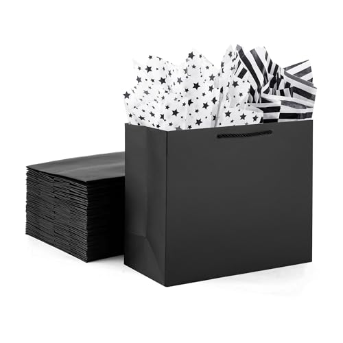 OfficeCastle 4 Pack Extra Large Black Gift Bags, Large Gift Bags with Tissue Paper, 16x6x12 Inches, Gift Bags for Small Business, Bridal Showers, Wedding, Christmas