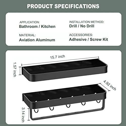 Qzl Bathroom Wall Shelves , Aluminum Floating Shelf Bathroom With Towel Bar And Hooks, Wall Mounted Design, Black Shelf With 2 Tiers #TOP5