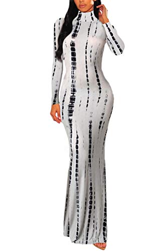 Meenew Women's Long Sleeve Maxi Tie Dye Dress Bodycon High Neck Formal Gown M