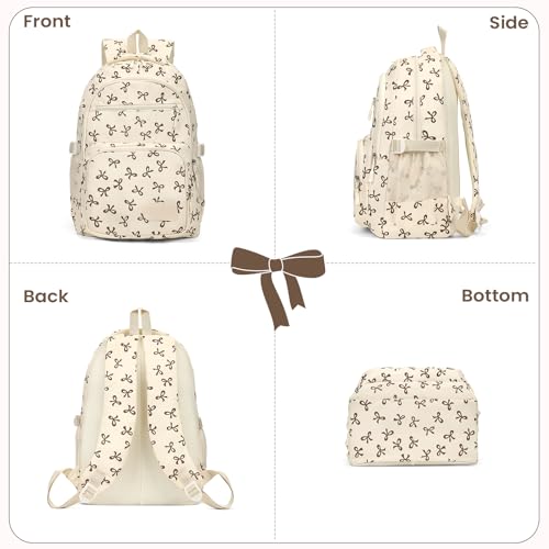 Image of Coquette Bow Backpack - Cute Kawaii Backpack Set Aesthetic Daypack Bow Rucksack (A05 Bow Beige)
