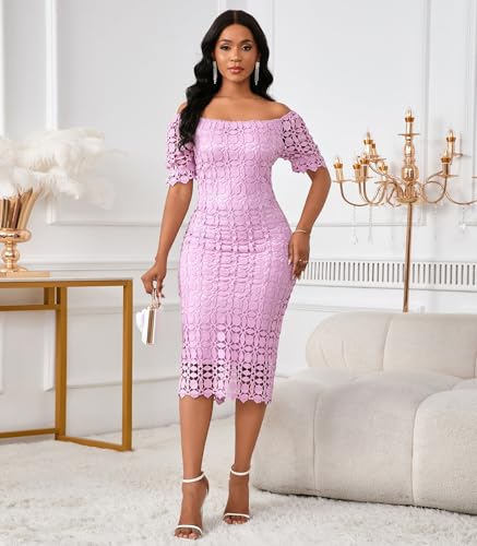 Image of Cololura Elegant Sexy Floral Lace Short Sleeve Off Shoulder Evening Gown Party Formal Bodycon Midi Dress