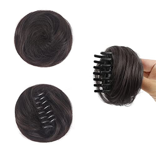 2PCS Mini Claw Fake Buns Straight Hair Bun Extensions Hair Donut Chignon Clip in Scrunchies, Black Brown, Straight Hair 2pcs - Image 2