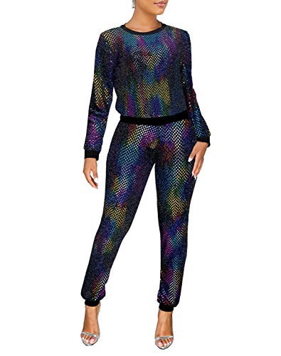 2 Piece Night Clubwear Outfit for Women Long Sleeve Top and Metallic Shiny Pants Glitter Clubwear Galaxy & Colorful S