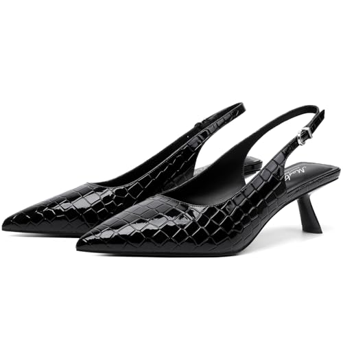 Image of Mostrin Kitten Heels for Women Pointed Toe Pumps Patent Leather Low Heel Slingback Heels with Buckle Dress Shoes for Dating Party Working