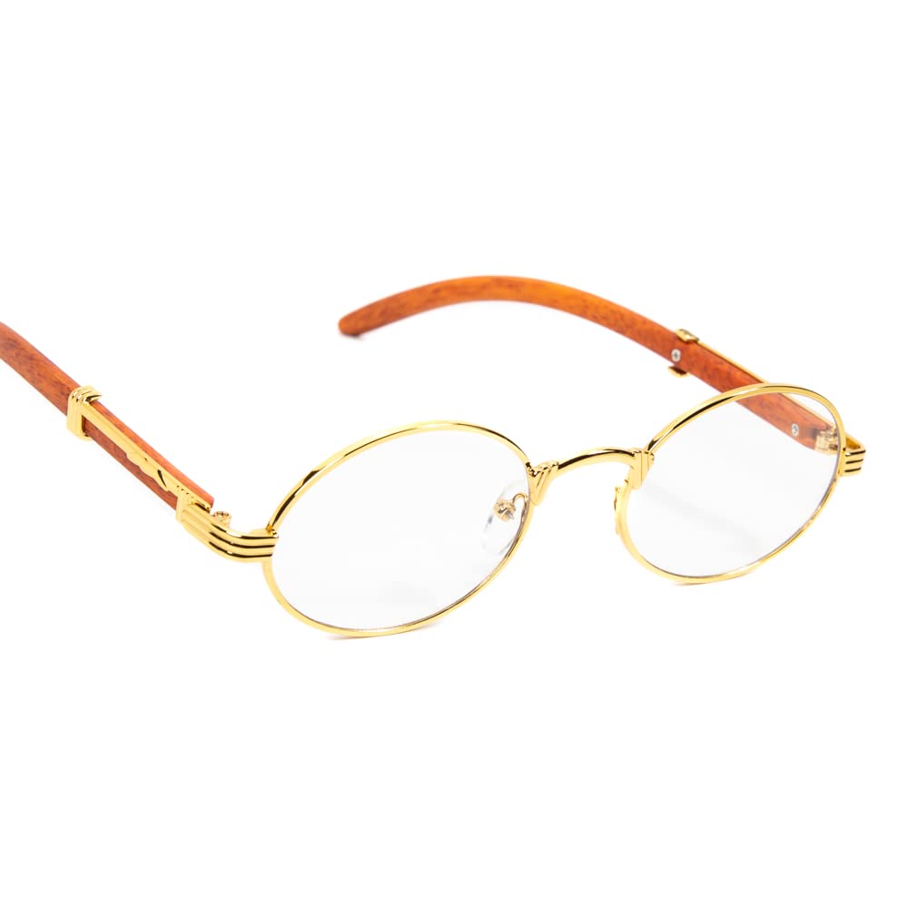 Classic Oval Red Wood Arm Vintage Narrow Nerd Retro 90's Circle Hip Hop Clear Tint Glasses Mens Womens Round Gold Frame Non Prescription Woodgrain Clear Lens Eye Glasses