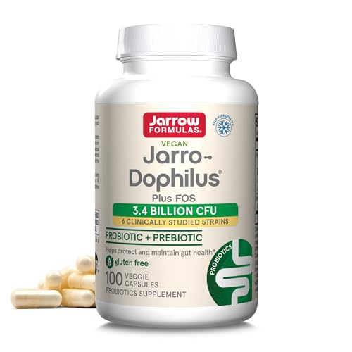 Jarrow Formulas Jarro-Dophilus + FOS - 3.4 Billion Organisms Per Serving - 100 Veggie Caps - Prebiotic & Probiotic - Nutritional Support to Beneficial Bacteria - Up to 100 Servings