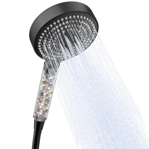 OFFO Duschset mit Filter, Duschkopf gegen Kalk, flexibel, 1,6 m, 6 Modi, Hochdruckstrahl, transparenter Griff, Schwarz