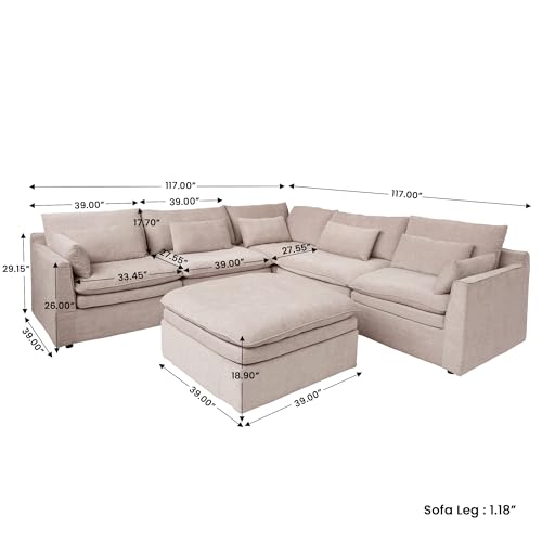Image of WJShome Modular Sectional Sofa, Deep Seat V-Shaped Cloud Couch with Water-Resistant & Stain-Resistant Fabric, Removable Washable Covers, Sleeper Sofa with Ottoman for Living Room, Apartment, Khaki
