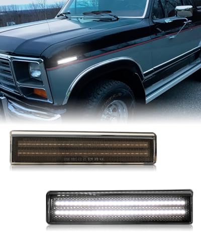 White LED Front Side Marker Lights for 1980-1986 Ford Bronco F100 F150 F250 F350 Pickup Truck SUV, Smoked Lens Front Bumper Signal Lamp with Dual row chips, pack of 2