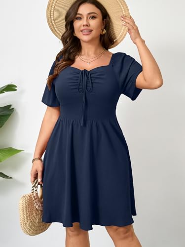 Image of RWJ Women Plus Size Summer Dress Short Sleeve Tie Front Sweetheart Neck Casual Mini Wedding Guest Dresses 2025