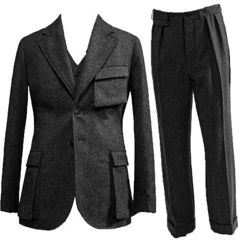 Suit for Men Herringbone Tweed Wool Three Piece Suits Slim Fit Vintage Wedding Halloween 2024 Blazer+Vest+Pants2