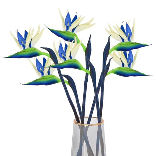 Bacucine Bird of Paradise Artificial Plant 6Pcs Rubber Strelitzia Artificial Flowers Bouquet Tropical Flowers for Home Garden Office Wedding Party Decor (Blue)
