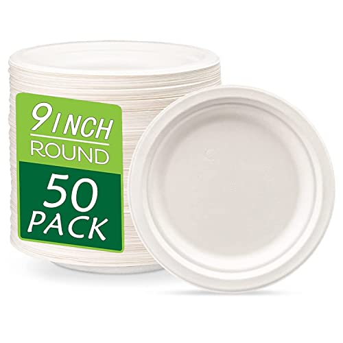 JINYUDOME Lot de 50 assiettes en carton compostables, 100 % biodégradables, assiettes en fibre de canne à sucre, 50 assiettes robustes de 22,9 cm, blanches, rondes Cover