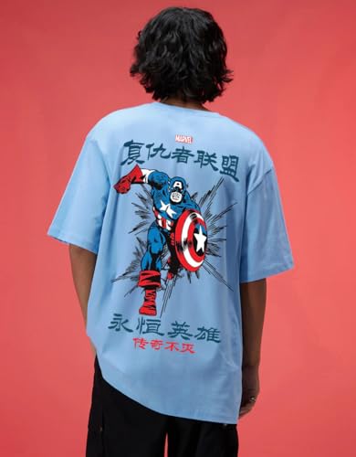 Image of Veirdo Pure Cotton Oversized Loose Fit Official Marvel Merchandise Cool & Marvelous Graphic Printed Drop Shoulder T-Shirt for Men (Characters: Black Panther, Mystrio & Captain America)