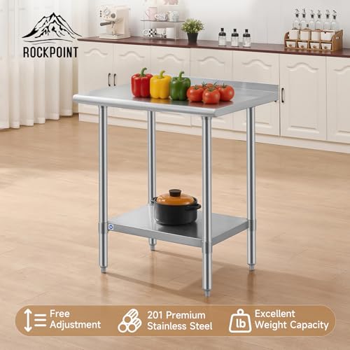 Image of ROCKPOINT All Stainless Steel Perp Table with Backsplash 24x30 Inch, Commercial Heavy Duty Table with Stainless Legs & Adjustable Undershelf, 710 lb Capacity for Restaurant,Home and Outdoor Kitchens