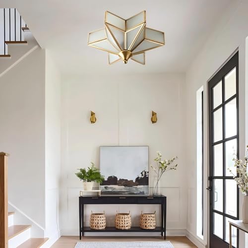 Image of LIGHTLAND 11.8 Inch Flush Mount Star Ceiling Light, 3 Lights Brass Ceiling Lamp with Glass Lampshade, Art Deco Close to Ceiling Light Fixtures for Entryway Hallway Porch, Gold