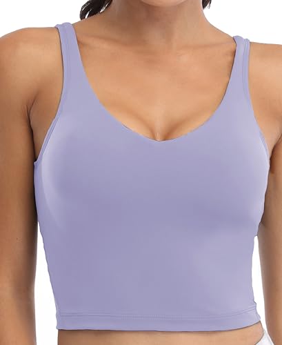Image of Oalka Sports Bra Womens Longline Padded Crop Yoga Tank Tops | Built in Bras, Workout, Athletic, Fitness, Super Soft, Comfort, Cropped Top, Removable Pads, Heart Neckline For Women