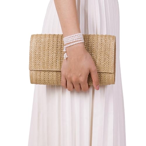 Image of Huralona Women Straw Woven Clutch Purse Pleated Handbag for Summer Beach Vacation Straw Shoulder Crossbody Bag