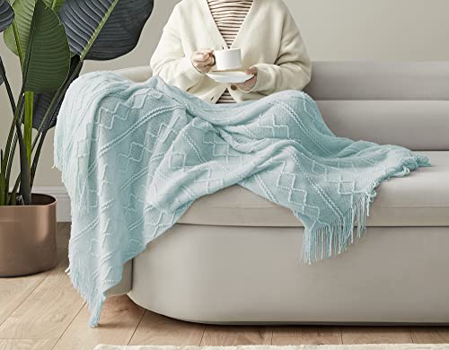 Dream Sunset Knit Throw Blanket 50 X 60 Inch, For Couch, Sofa, Bed And Decoration. Super Soft, Comfy And Lightweight. Original Pattern With Tassel Fringes. Sky Light Blue #TOP4